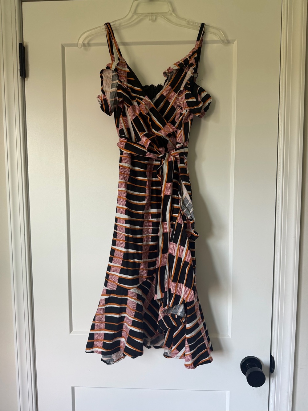 Ann Taylor Striped Pink and Black Wrap Dress with Ruffle Details